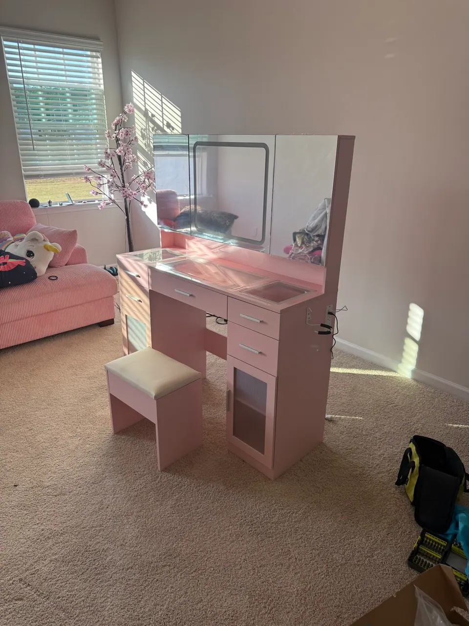 Complete pink kid bedroom assembled by FixCraft VP in Matthews NC