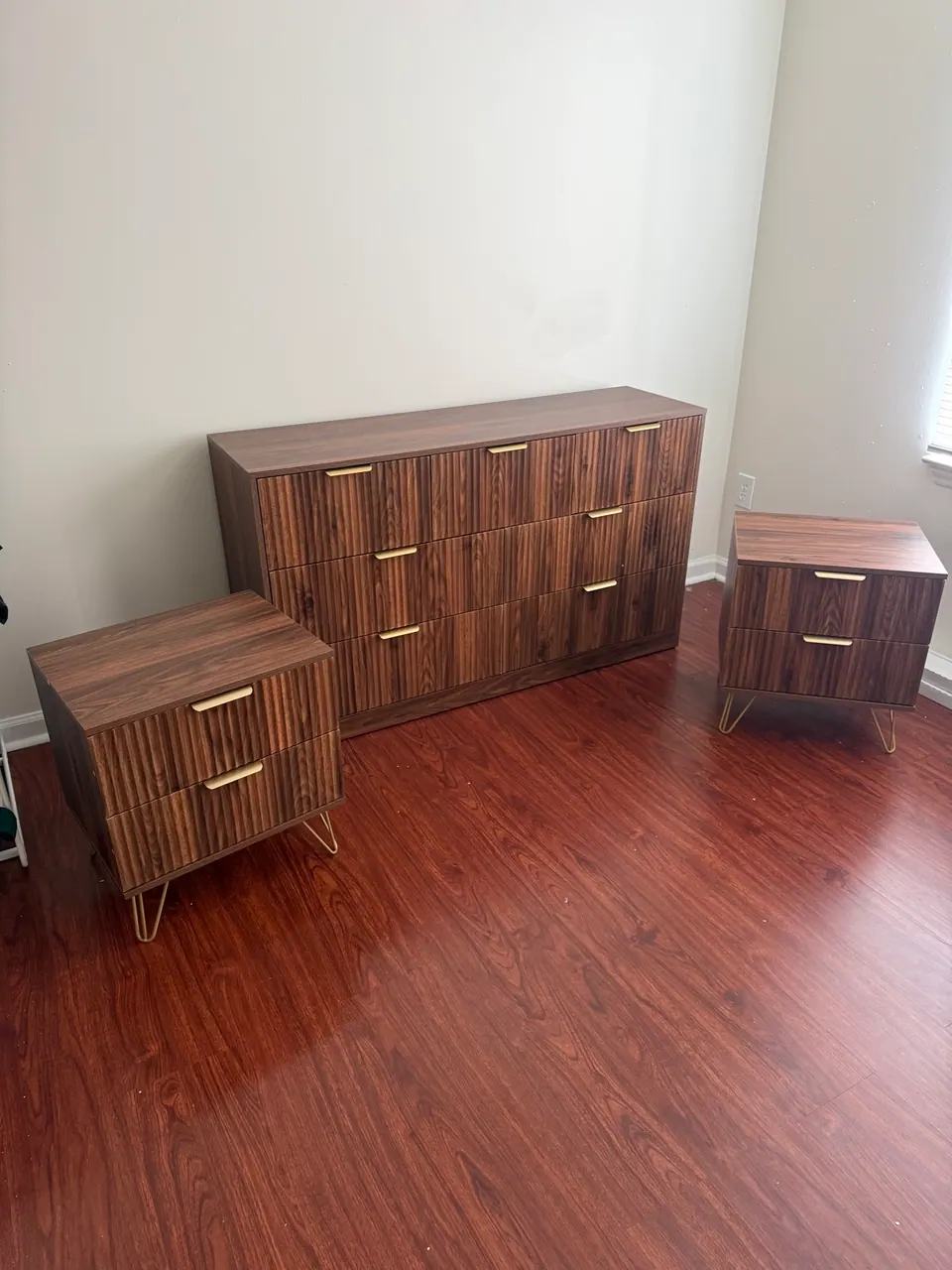 Mid-century walnut dresser set with brass handles, assembled by FixCraft VP in Charlotte
