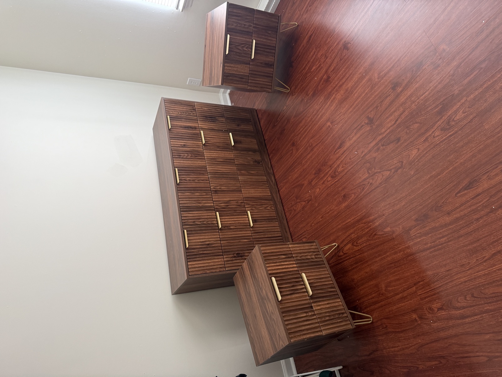 Mid-century walnut dresser set with brass handles, assembled by FixCraft VP in Charlotte